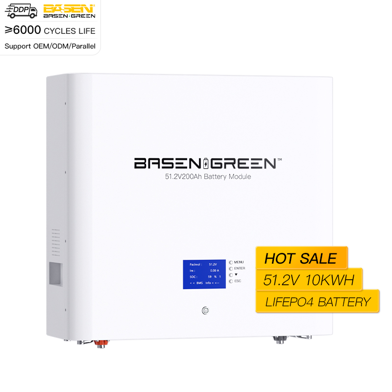 BasenGreen 10KW Wall-Mounted 51.2V 200ah LiFePO4 Battery Pack for Solar Energy Storage